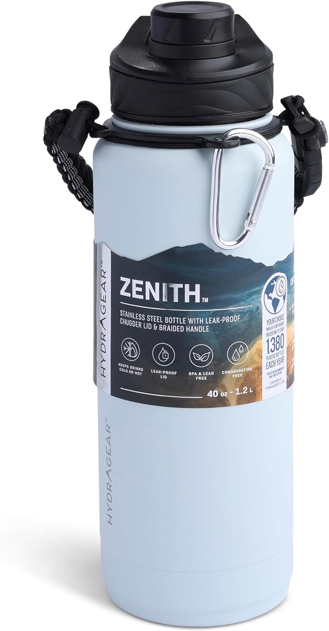 Zenith Chugger Stainless Steel Bottle with Carabiner, Compass, Signal Whistle, and Fire Starter - 40 Oz - Harbor Powder Coat