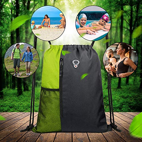 BeeGreen Lime Gym Bag Drawstring Backpack for Women Sports Backpack Workout Bag With 2 Water Bottle Mesh Pockets And Two Zipper Pockets