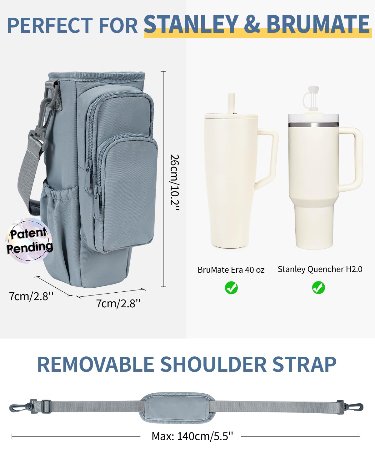 Water Bottle Carrier Bag with Phone Pocket for Stanley Brumate era 40oz Insulated Water Bottle Holder Pouch with Strap Water Bottle Bag with Straw Cover for Stanley Cup Accessories Patent Pending