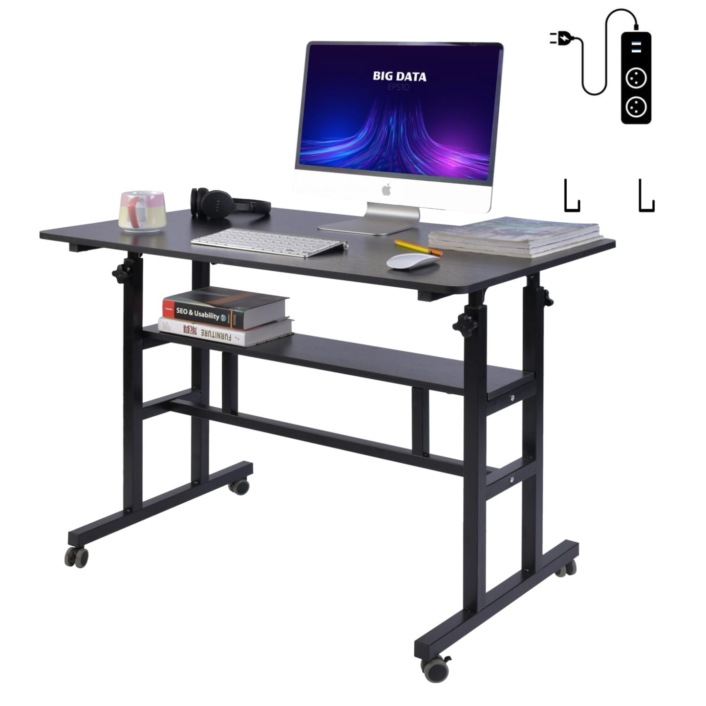 AIZ Mobile Standing Desk, Adjustable Computer Desk with Rolling Wheels, Home Office Double-Layer Computer Workstation with USB Ports and Outlets, Portable Laptop Table for Standing or Sitting, Black