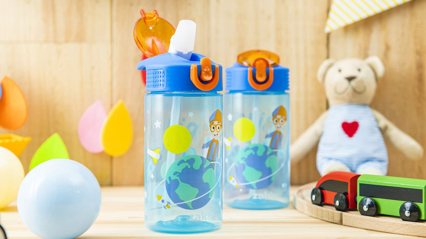 Zak Designs Blippi Kids Water Bottle with Spout Cover and Built-In Carrying Loop, Made of Durable Plastic, Leak-Proof Design for Travel (16 oz, Pack of 2)