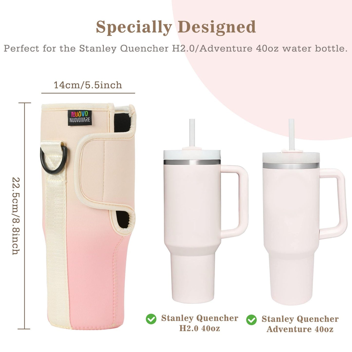 Nuovoware Water Bottle Carrier Bag Fits Stanley 40 Oz Tumbler With Handle, Water Bottle Bag With Adjustable Shoulder Strap, Water Bottle Holder Stanley Water Bottle Accessories, Gradient Pink white
