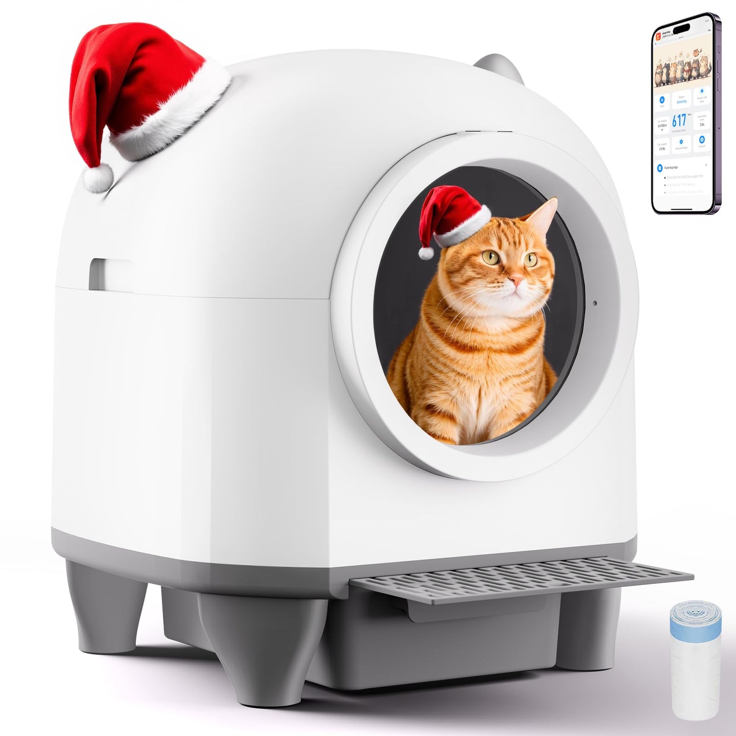 Aoktech Self Cleaning Litter Box, 80L Automatic Cat Litter Box Self Cleaning with APP Control, Odor Control, Multi-Cat Compatible, Includes 20 Count Waste Bags, aWhite