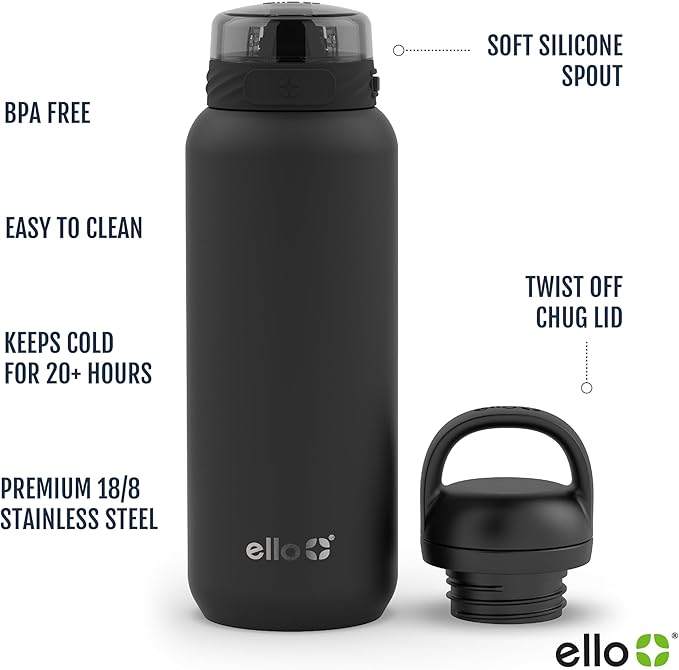 Ello Cooper 32oz Stainless Steel Water Bottle with 2 Lids Chug and Straw | Leak Proof | Double Walled and Vacuum Insulated | Built in Carry Loop | Dishwasher Safe | White Marble