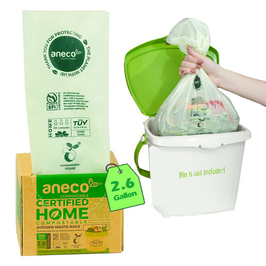 ANECO 100% Compostable Waste Bags 2.6 Gallon, Extra Thick Kitchen Small Compost Bags for Countertop Bin (100 Count)