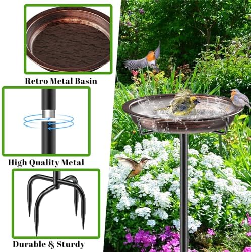 35.5In Freestanding Metal Birdbaths Bowl Outdoor, Free Standing Garden Bird Bath Bird Feeder Bowl with Metal Stake, Detachable Decoration Spa Birdfeeder for Garden Patio Yard Lawn (Retro Copper)