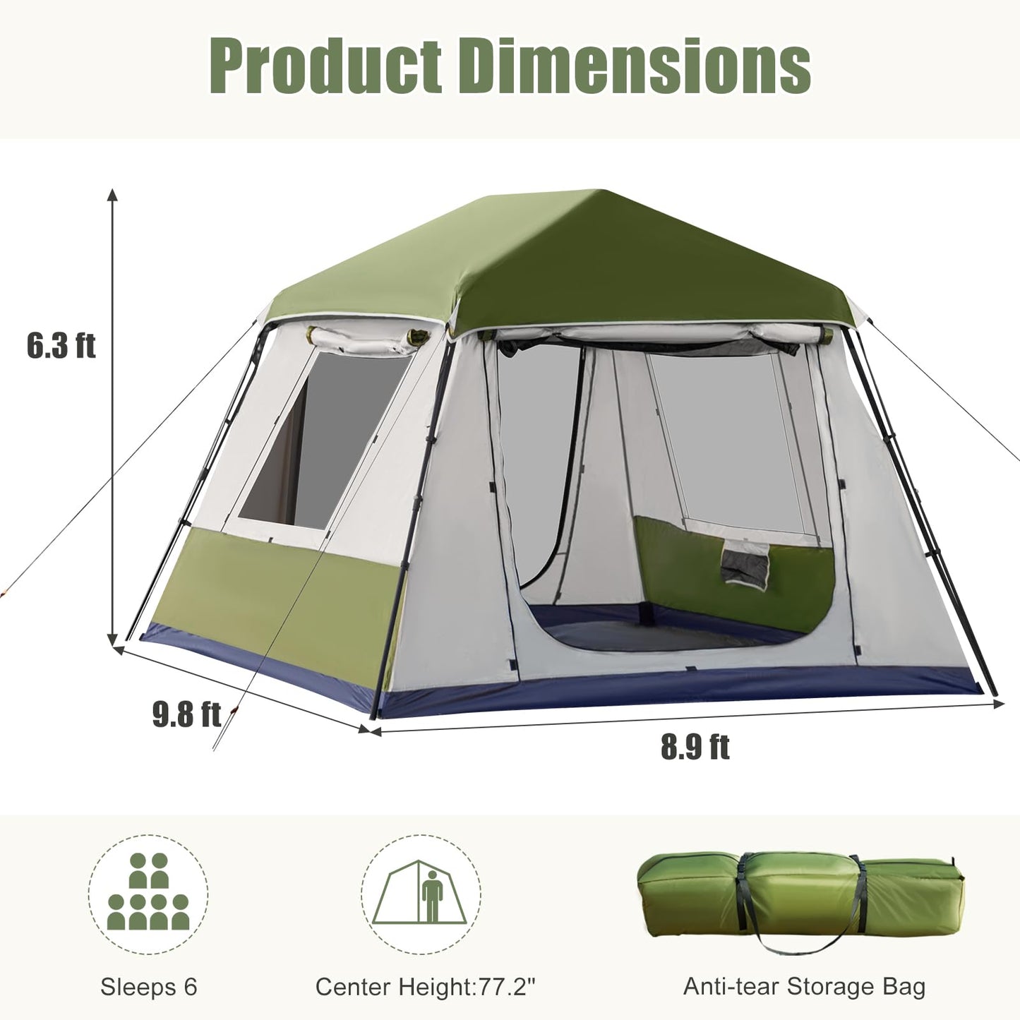 YOLENY Camping Tent, 3/6 Person Pop-Up Family Tent for Instant Setup, Spacious Interior-10' x 9', 3000mm Water-Resistant with Rainfly, 2 Windows & 2 Doors, Backpacking Tents for Travel, Hiking, Green