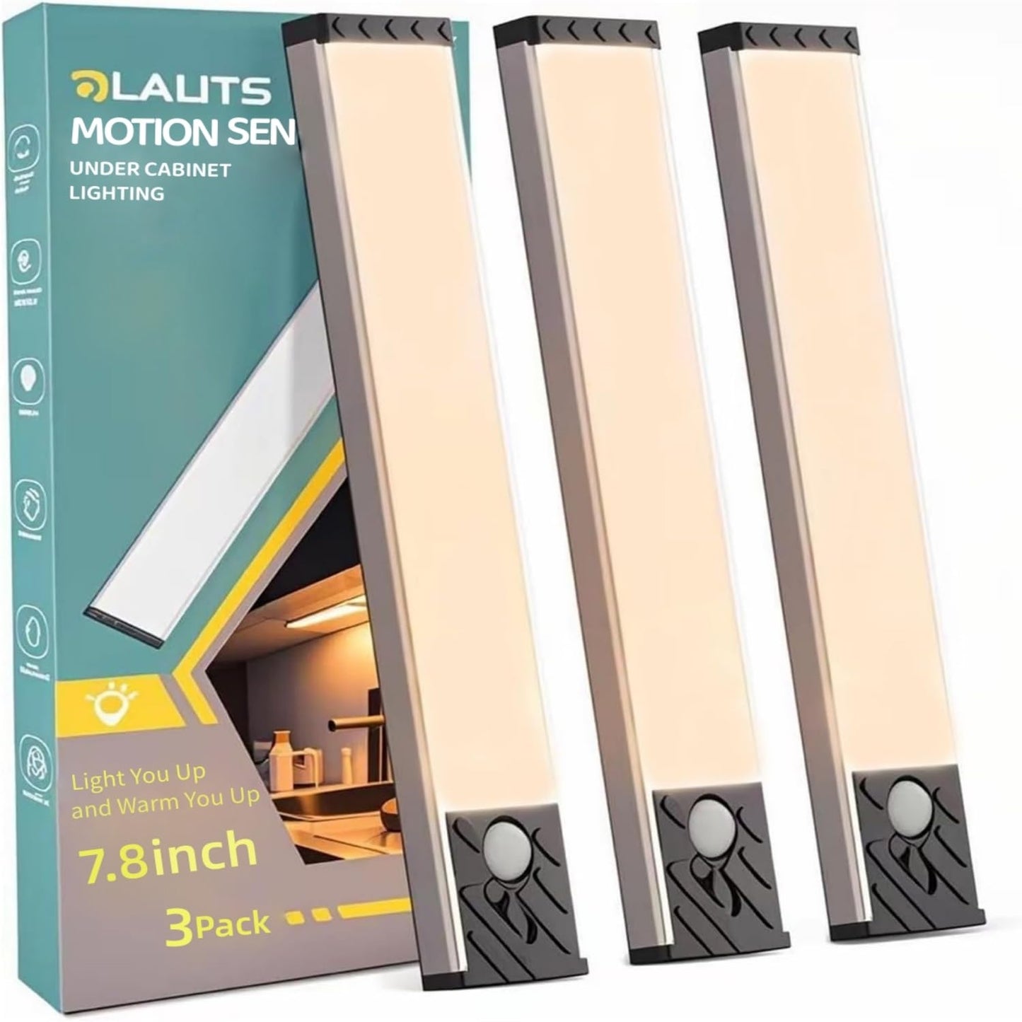 Under Cabinet Lighting, Equipped with Motion Sensor, Rechargeable Battery Operated,3-Level Adjustable Brightness, 3 Pack Magnetic Under Counter Lights for Kitchen, Closet, Pantry, 7.8"