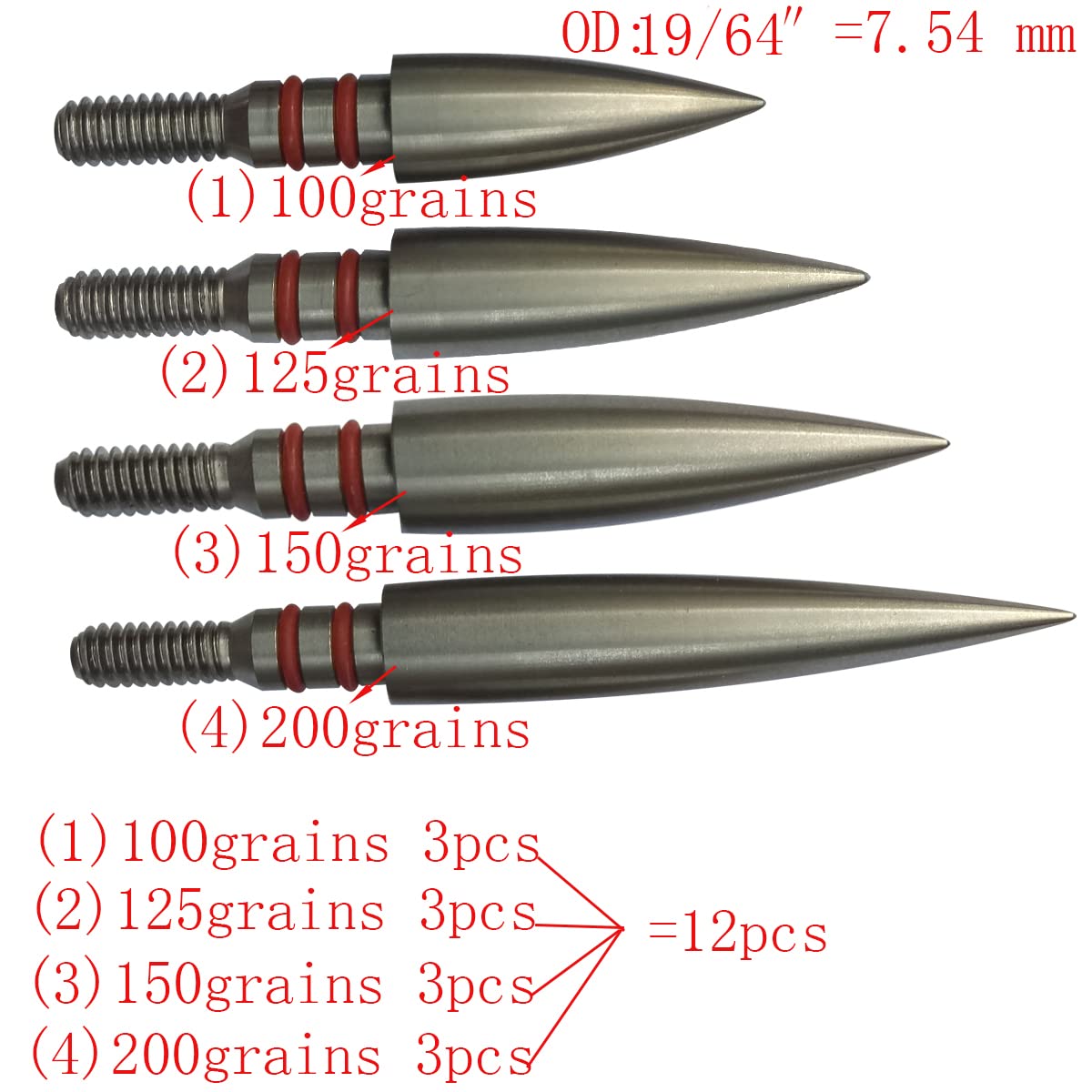 Aklisdlha Field Points arrowheads 100/125/150/200/300 Grains Archery Field Points,Stainless Steel Screw in Archery Field Tips and Broadheads (1 Dozen 12 PCS) (19/64″-Combination)