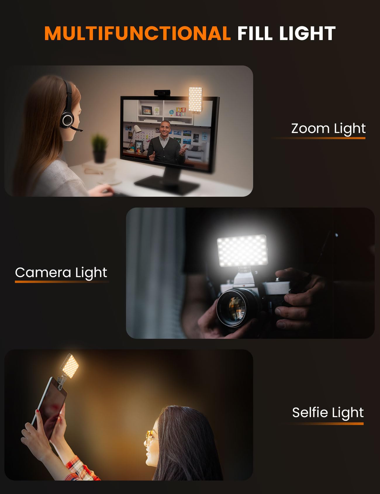 ANXRE Video Conference Lighting Dual-Sided, Stepless Dial Adjustment, 3000mAh Rechargeable, Portable Clip-on Design for Phone, Laptop Light for Zoom Meeting, Live Streaming, Remote Work & Recording