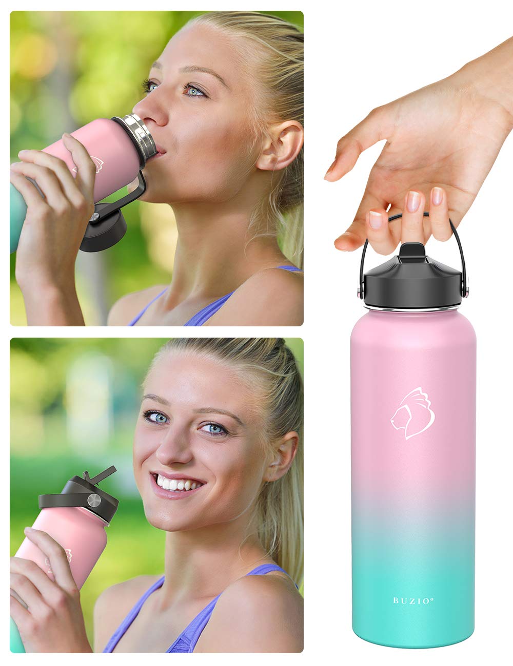 BUZIO Water Bottle with Straw Lid and Flex Cap, 40oz Double Vacuum Stainless Steel Water Flask, Cold for 48 Hrs Hot for 24 Hrs Simple Thermo Canteen Mug, Indigo Black