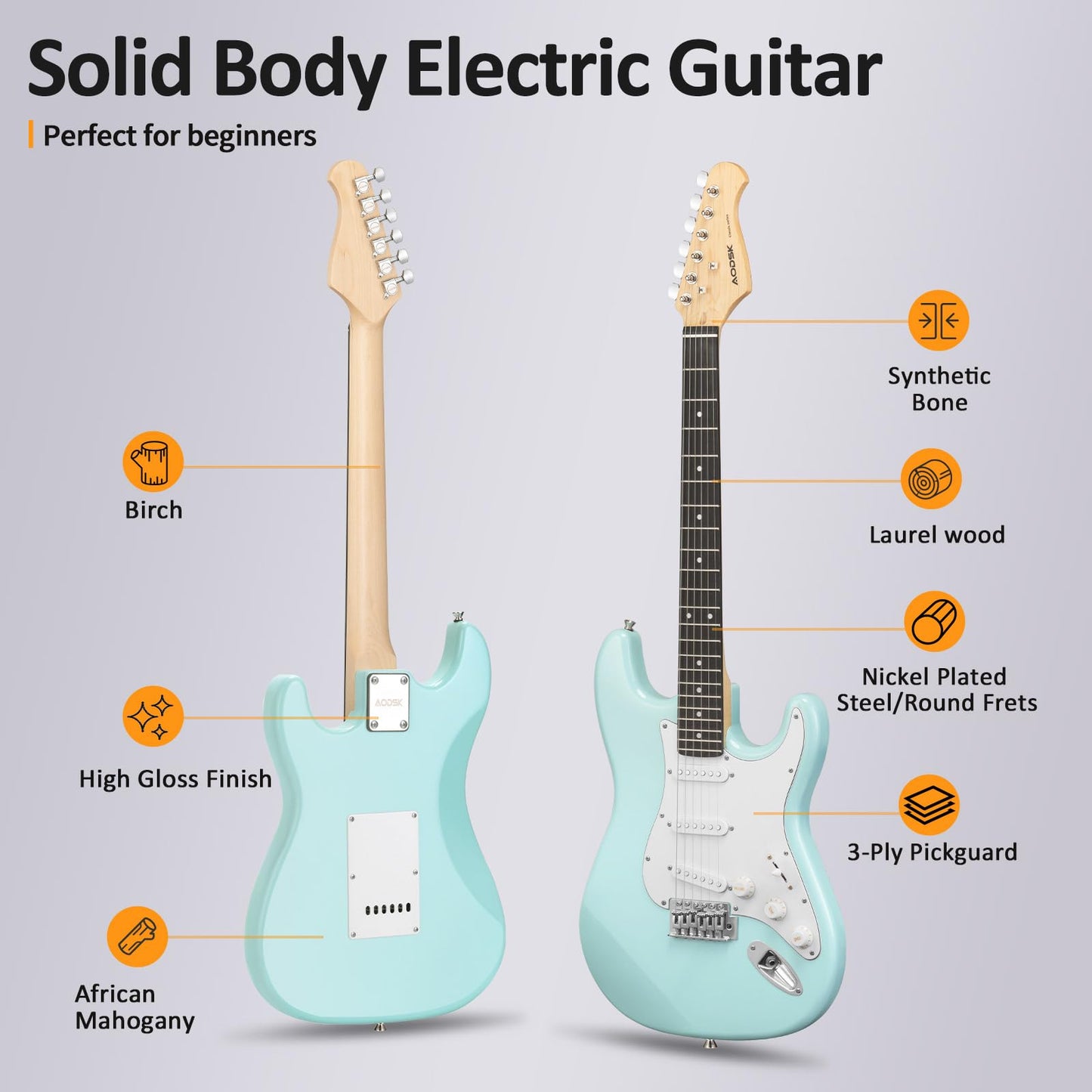AODSK Electric Guitar with Amp Beginner Kit 39 Inch Solid Body Full Size,All Accessories,Digital Tuner,Six Strings,Four Picks,Tremolo Bar,Strap,Gig Bag,Starter kit