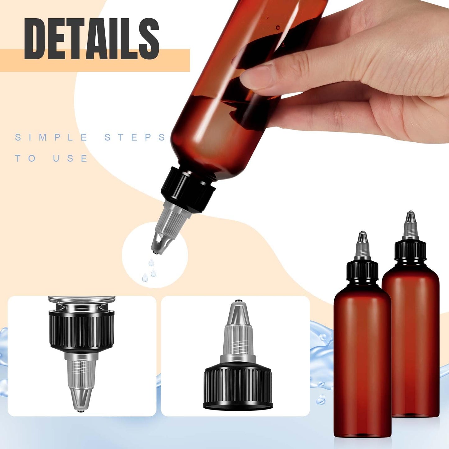Barydat 12 Pcs Applicator Bottles for Hair, Squeeze Hair Oil Applicator Bottle Refillable Empty Plastic Bottles, Twist on Top Cap with Open Close Nozzle and 2 Funnels(3.5 oz,Amber)