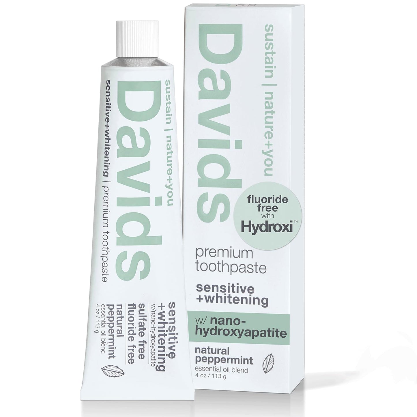Davids Hydroxi Fluoride Free Nano Hydroxyapatite Toothpaste for Remineralizing Enamel & Sensitive Relief, Whitening, Antiplaque, SLS Free, Natural Peppermint, 4 oz, Made in USA