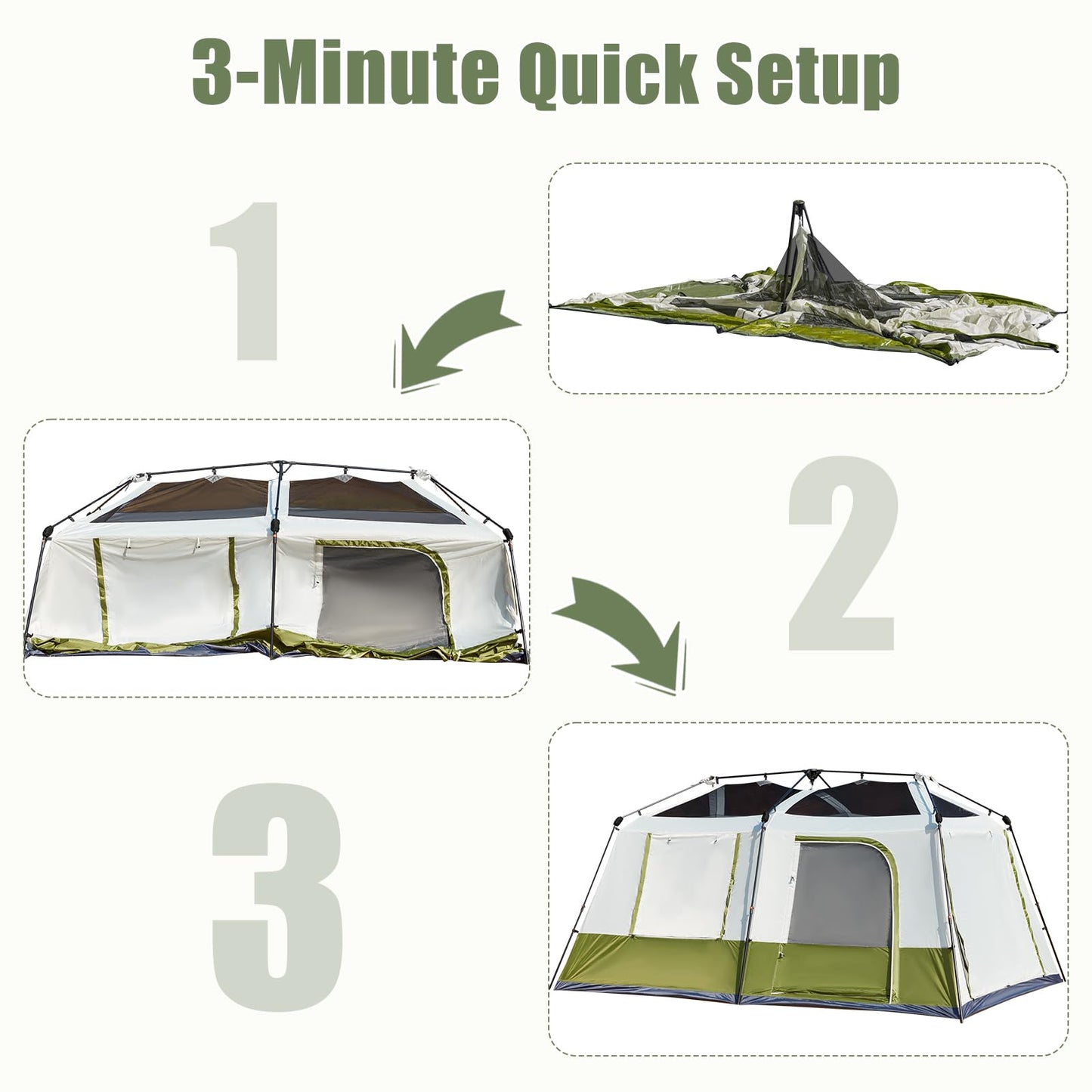 YOLENY Instant Cabin Tent, 4-8 Person Pop-Up Tent for Camping, Spacious Interior-14' x 9', 3000mm Water-Resistant with Rainfly, 2 Windows & 4 Doors, Green