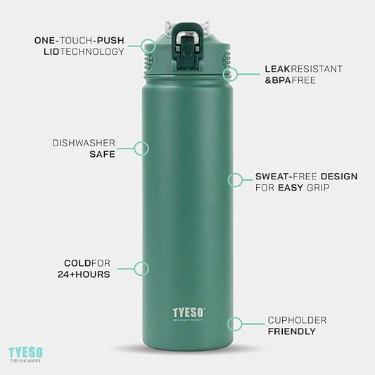 TYESO Water Bottle with Carrying Handle Lid | Insulated Stainless Steel Thermos | Travel Water Bottles for Gym & Sports | Leak Proof & BPA Free | All Day Collection | 25oz (Mint)