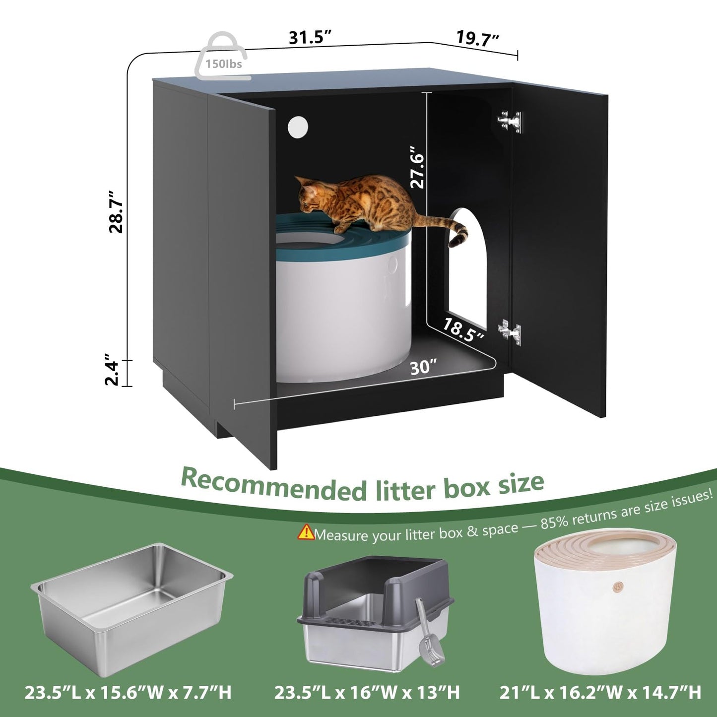Amunrbrek Large/Tall Litter Box Enclosure, Modern Wooden Litter Box Furniture for XL Litterbox with Hidden Storage as Sideboard Cabinet (Black)
