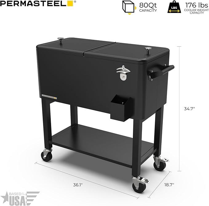 Permasteel Party Cooler with Removable Basin, Spacious 80-Qt Capacity, Rolling Ice Chest for Indoor and Outdoor Entertainment Black + Bonus Cover