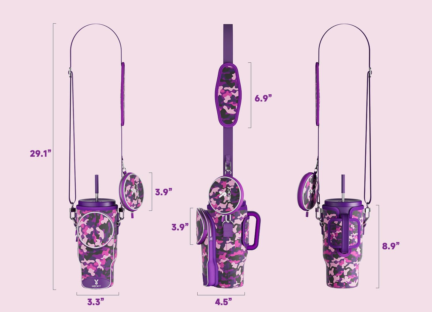Meoky Water Bottle Carrier Bag with Phone Pocket for 40 oz Tumbler with Handle, Neoprene Water Bottle Holder Pouch with Adjustable Strap, 2 Carabiner Clips (Purple Mix)