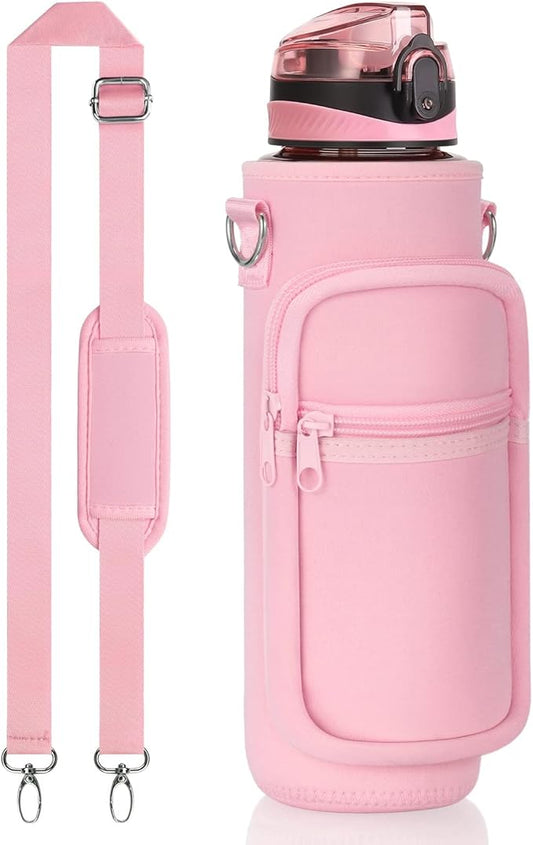 Fimibuke 32 oz Water Bottle with Sleeve - BPA Free Leakproof Sport Large 1L Plastic Motivational Water Bottle with Straw Strap & Insulated Neoprene Holder Carrier Bag Great Xmas Gift for Women Men