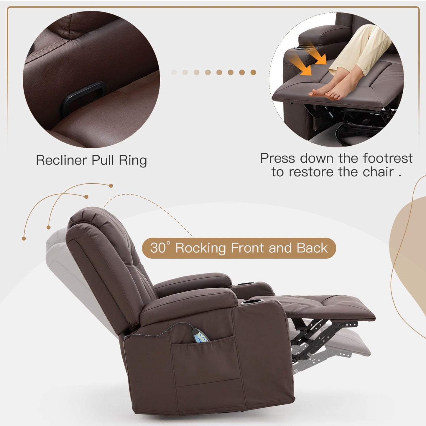 YODOLLA Massage Manual Recliner Chair with Heat, Leather Rocking Swivel Recliner Lazy Boy Recliner Chair w/ 2 Side Pockages, 2 Cup Holders for Living Room, RV, Brown