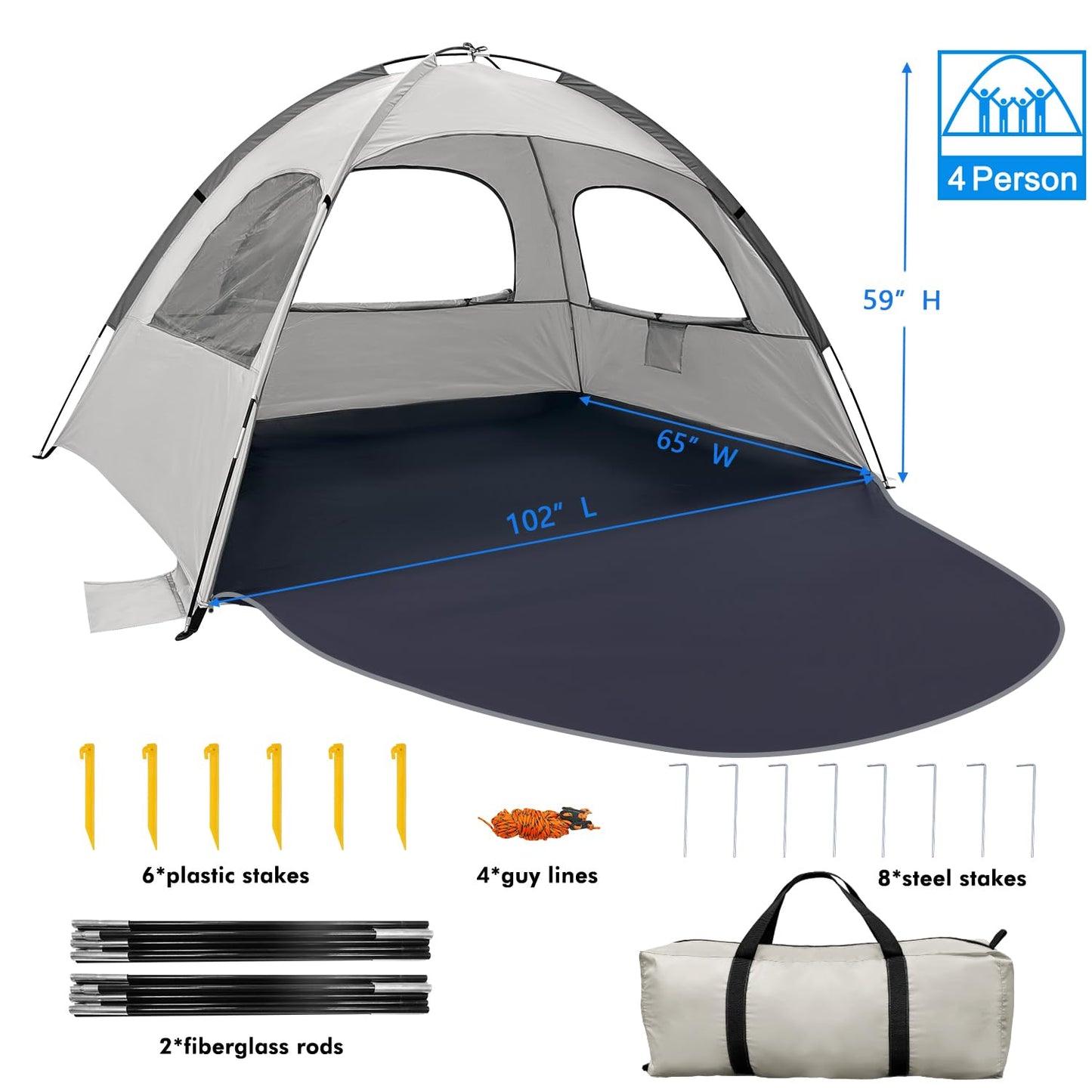 WhiteFang Beach Tent Anti-UV Portable Sun Shade Shelter for 4 Person, Extendable Floor with 3 Ventilating Mesh Windows Plus Carrying Bag, Stakes and Guy Lines (Baby's Breath)