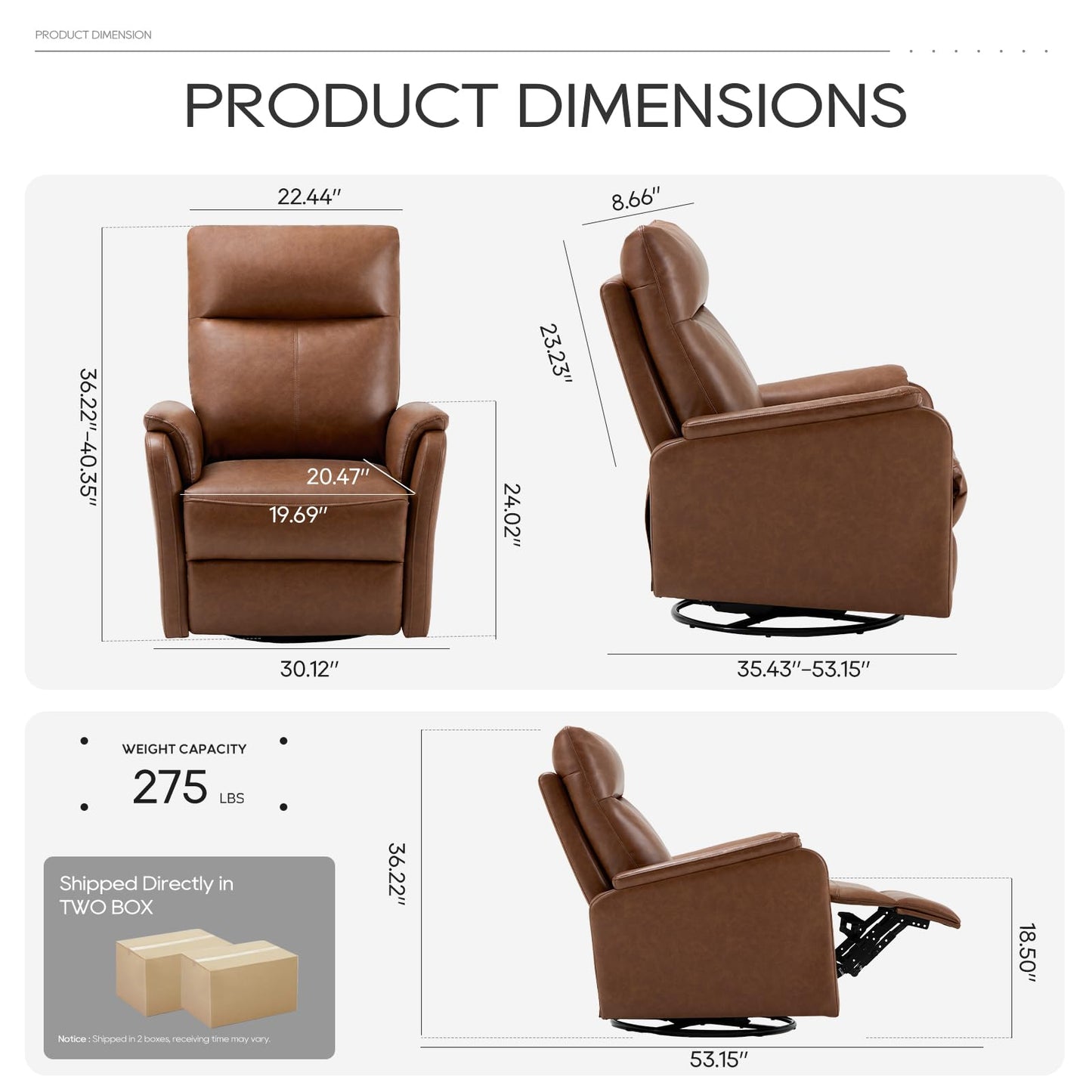 Swivel Rocking Recliner Glider Chair, Leather Nursery Reclining Rocker Chair with Footrest, Ergonomic Backrest, Wide Seat Cushion and Metal Base-Cocoa