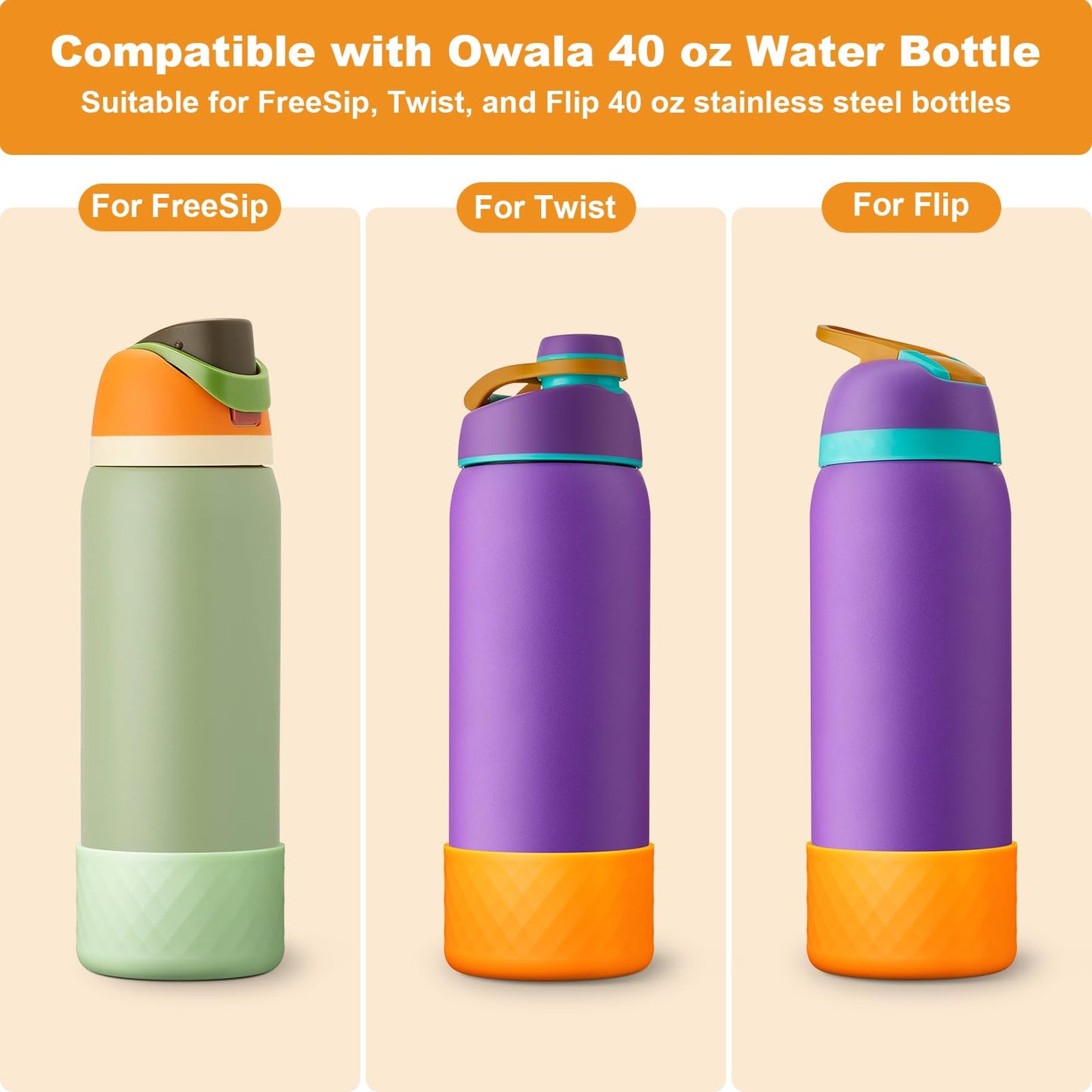 Alwenid 2PCS Silicone Water Bottle Boot for Owala 40 Oz, Anti-Slip Protective Sleeve Bottom Bumper Protector for FreeSip, Twist, and Flip Stainless Steel Water Bottles (Light Green+Orange)
