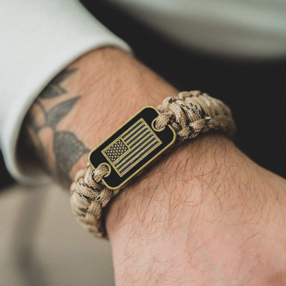 iHeartDogs Hero Company Camo Paracord Bracelet - Tactical Survival Bracelet for Men with Bronze USA Flag - Helps Pair Military Veterans with a Companion Dog