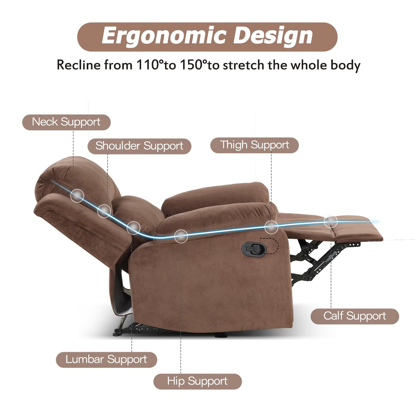 CANMOV Manual Recliner Chair Set of 2, Soft Fabric Overstuffed Recliner Single Sofa Chair for Living Room Bedroom, Heavy Duty and Safety Reclining Mechanism, Light Brown