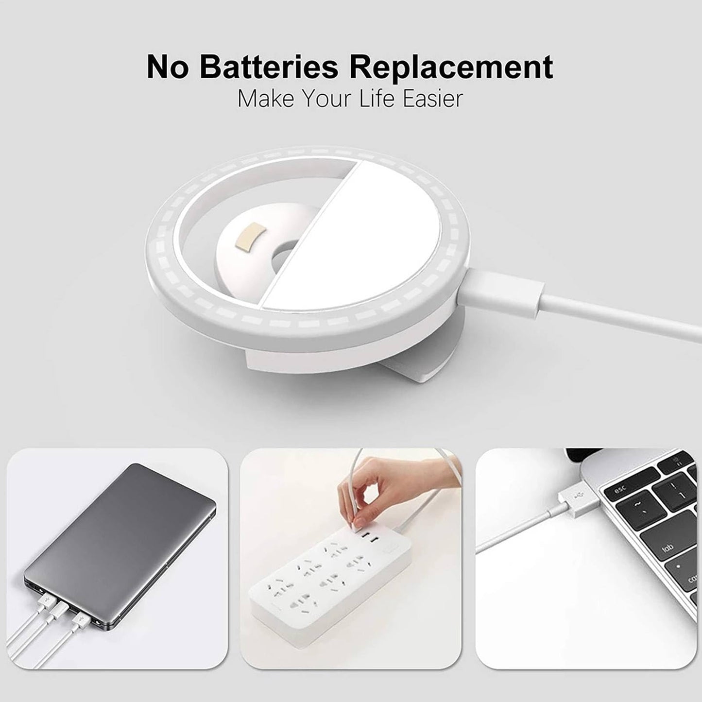 Mini Selfie Ring Light for Cell Phone Clip-on LED Light for Phone Tablet Laptop Camera Video Lighting Rechargeable 3 Adjustable Light Levels (White)