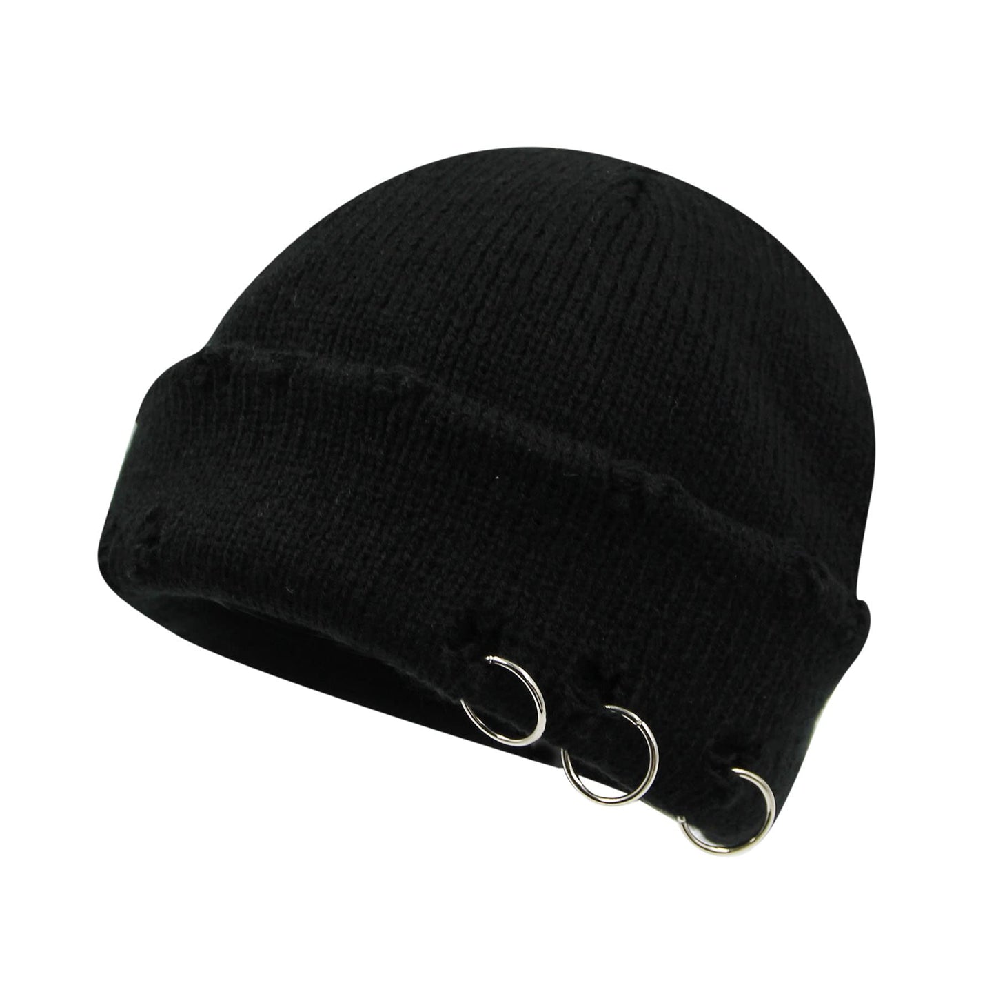 AIBEARTY Swag Short Fisherman Beanie for Men Women Rolled Cuff Beanie Skull Caps Wool Knit Winter Ski Hat with O Rings Black