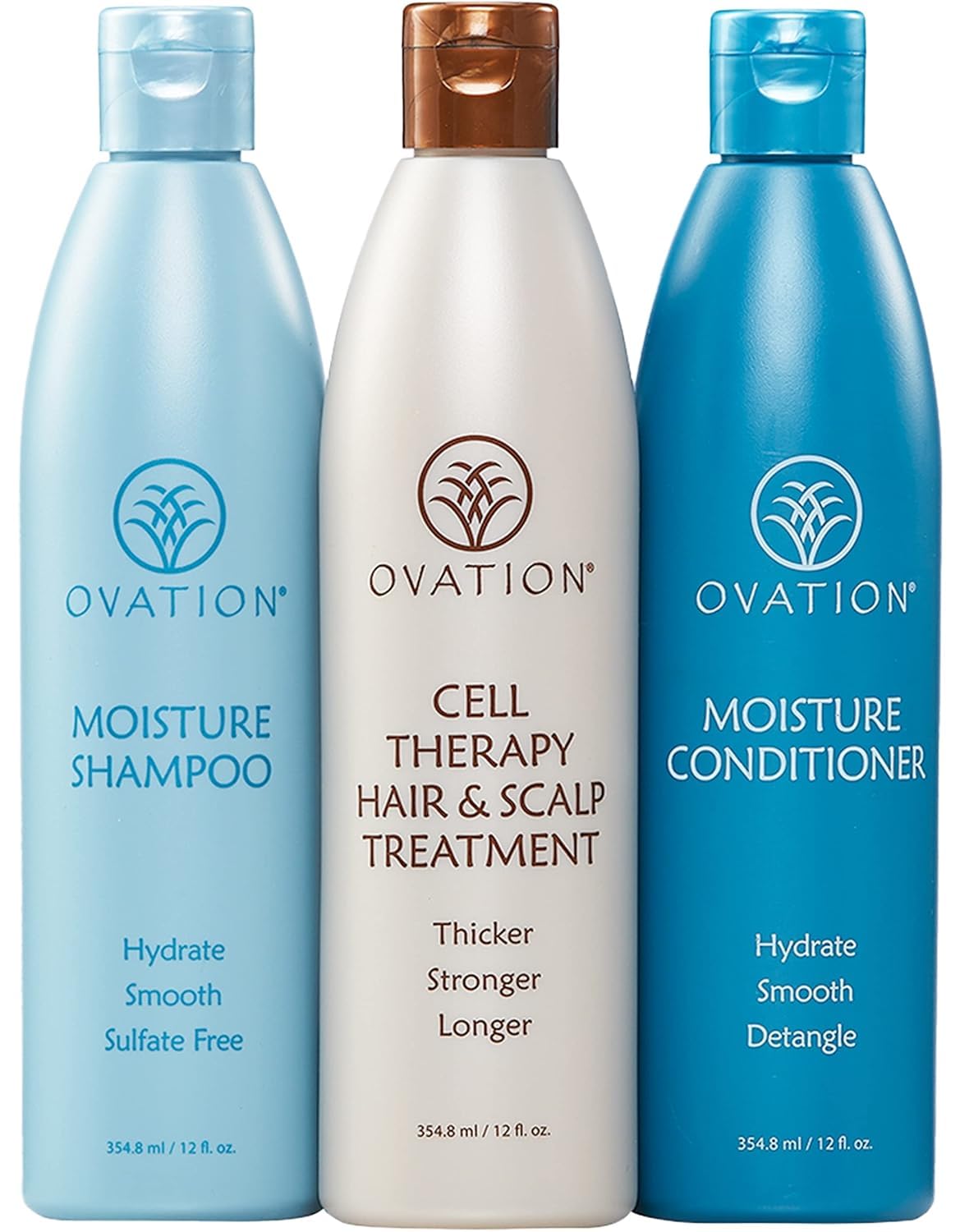 Ovation Hair Moisturizing 3-Step System - with Moisture Shampoo, Conditioner, and Cell Therapy Growth & Scalp Treatment - Nourish, Smooth, Detangle, & Hydrate Brittle Locks
