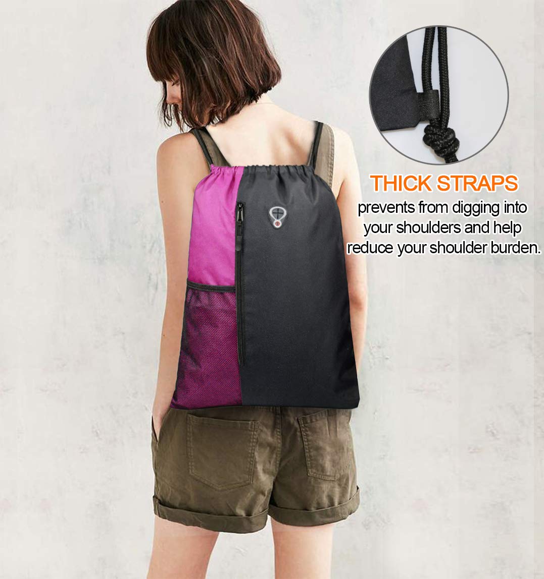 BeeGreen Sports Bag Drawstring Backpack With Water Bottle Pocket &Front Zippered Pocket Large String Bag Pack For Men Women