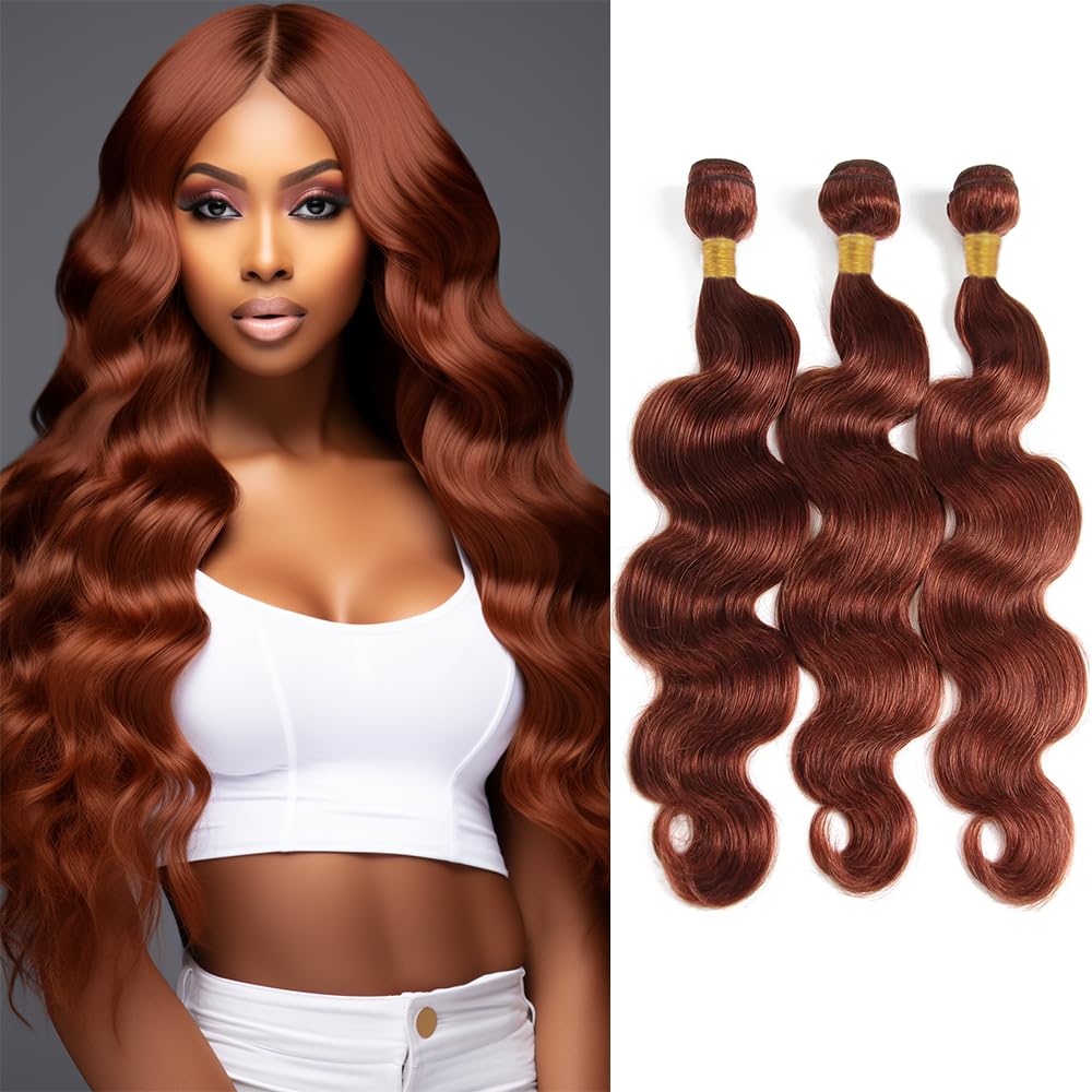 Copper Red Body Wave Bundles Human Hair Color 33 Bundles Human Hair Reddish Borwn Body Wave Bundles Double Weft Brazilian Human Hair Bundles Silky and Soft for Black Women 26 26 26 Inch