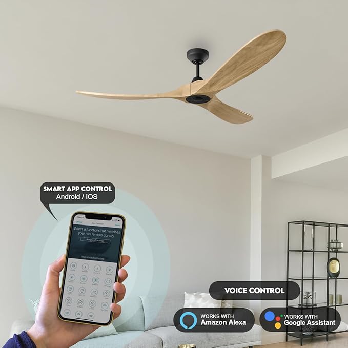 3MAVSM52MBKNH Maverick Smart Ceiling Fan with Remote Control, Indoor or Outdoor, Compatible with Alexa & Google Voice (Matte Black with Natural Honey Blades, 52-inch)