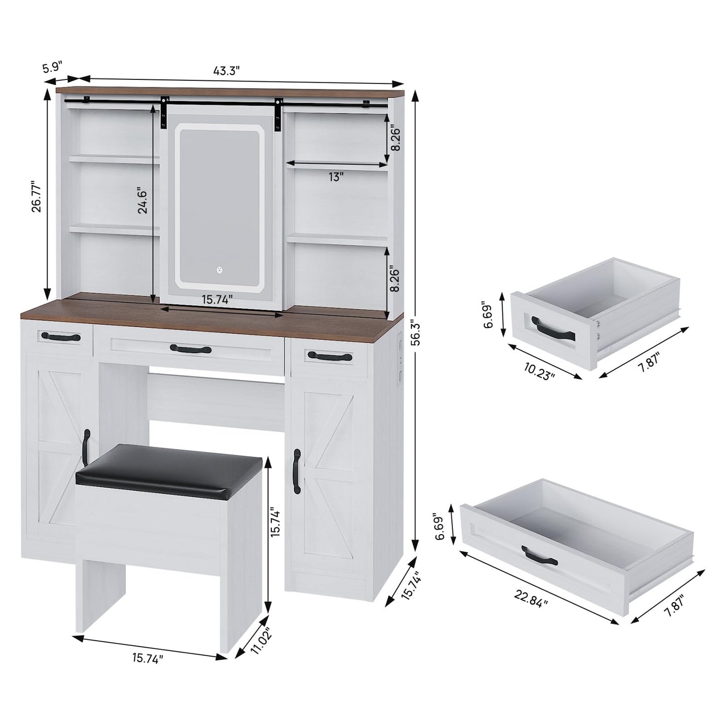 ALBAD Vanity Desk with Mirror and Lights Farmhouse Makeup Vanity Desk with Sliding Mirror and Vanity Stool Set Rustic Vanity Dresser with Organization and Storage Drawers and Power Outlet White