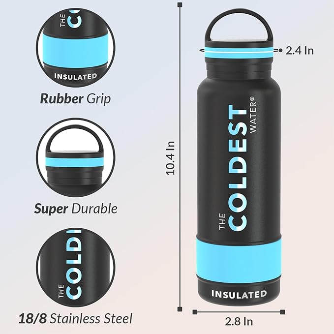 Coldest Insulated Water Bottle with Handle Lid | Leak Proof, Insulated Stainless Steel, Triple Walled, Sport Thermos Bottles, Metal Flask (βMatte Black, 21 oz)