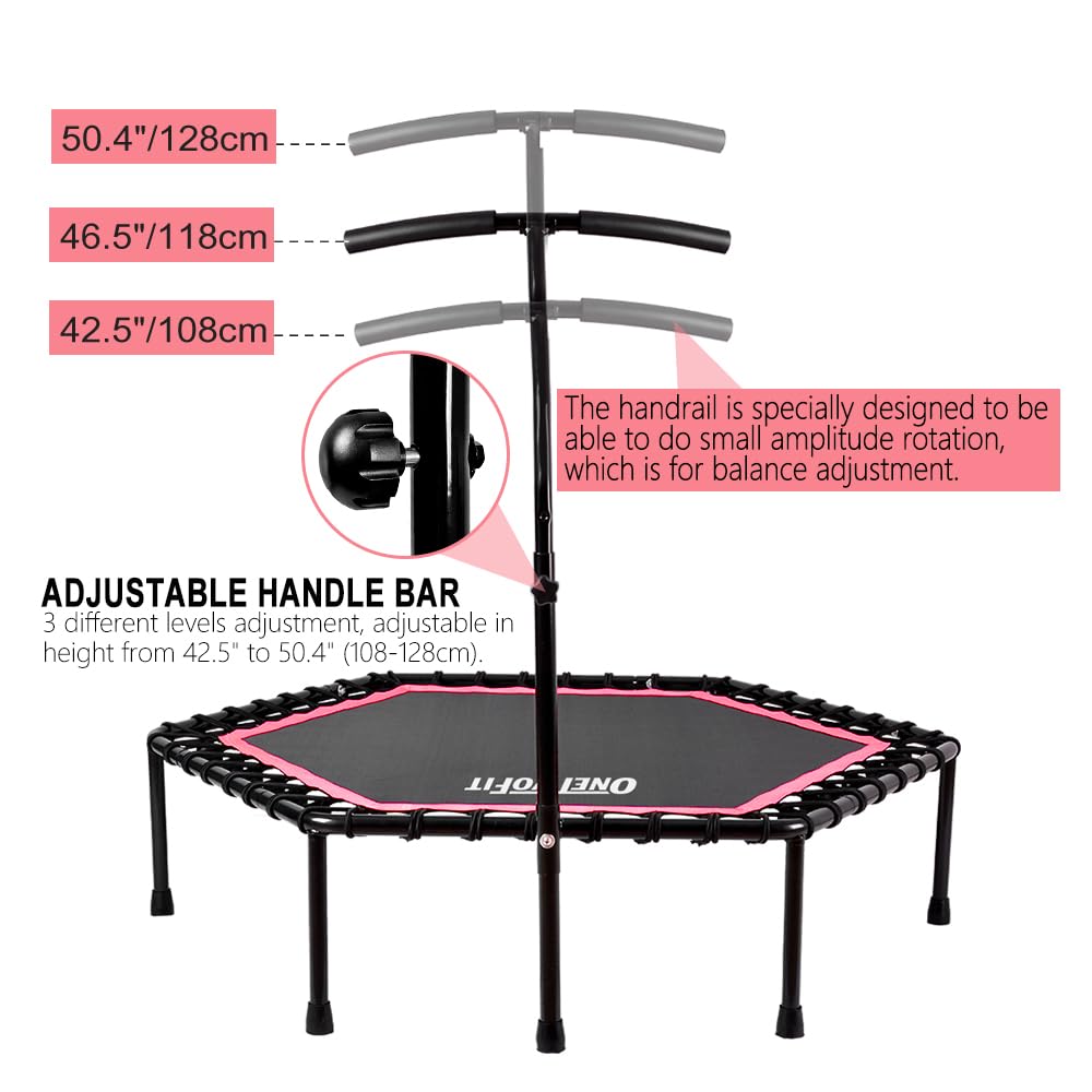 ONETWOFIT 48" Silent Mini Trampoline with Adjustable Handle Bar Fitness Trampoline Bungee Rebounder Jumping Cardio Trainer Workout for Adults Pink