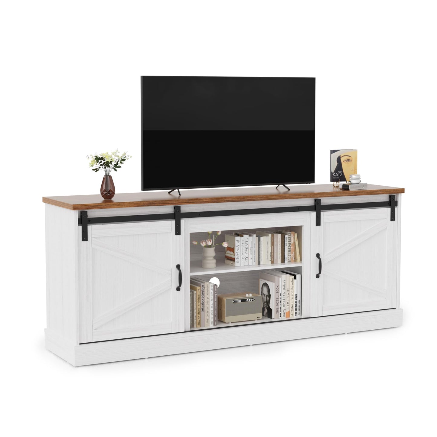 ALAULM Farmhouse TV Stand up to 70/80" TV, Entertainment Center w/Sliding Barn Doors & Storage Cabinets,67" Rustic TV Console with Adjustable Shelf for Living Room,White