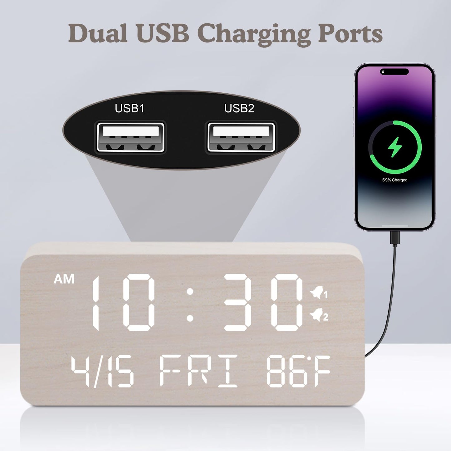 Andoolex Wooden Digital Alarm Clock with Wireless Charging, 0-100% Adjustable Brightness Dimmer and Volume, Weekday/Weekend Mode, Dual Alarm, Snooze, 12/24H, Wood LED Clock for Bedroom (White)