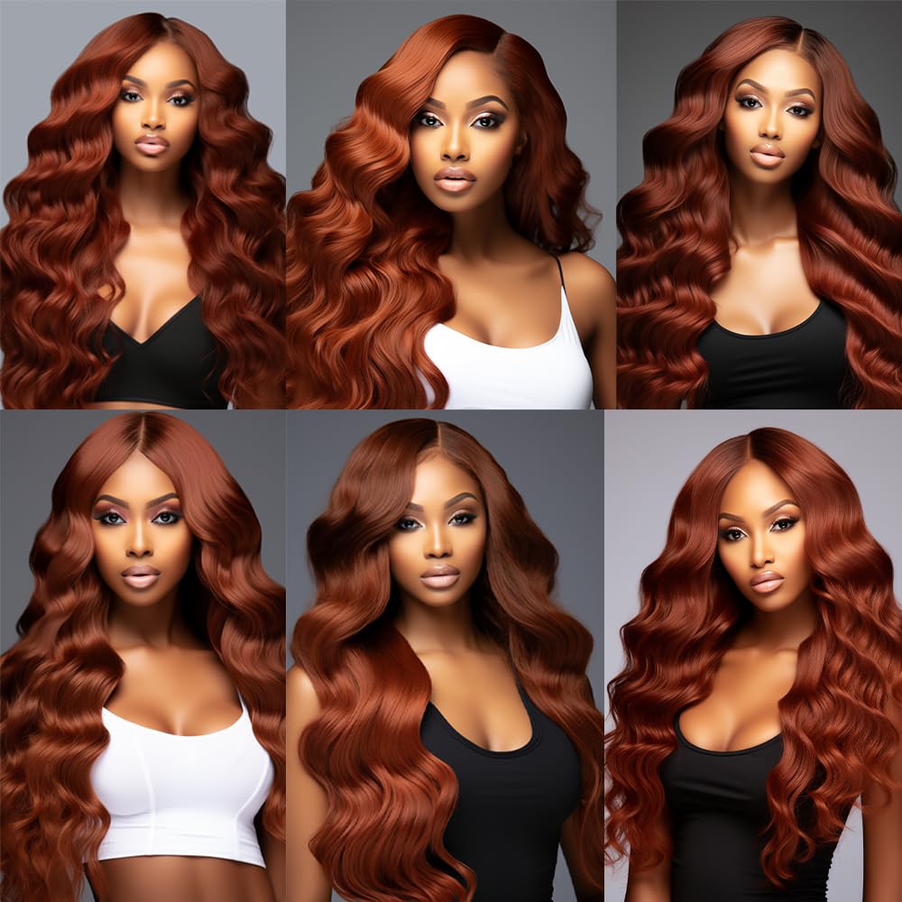 Copper Red Body Wave Bundles Human Hair Color 33 Bundles Human Hair Reddish Borwn Body Wave Bundles Double Weft Brazilian Human Hair Bundles Silky and Soft for Black Women 26 26 26 Inch