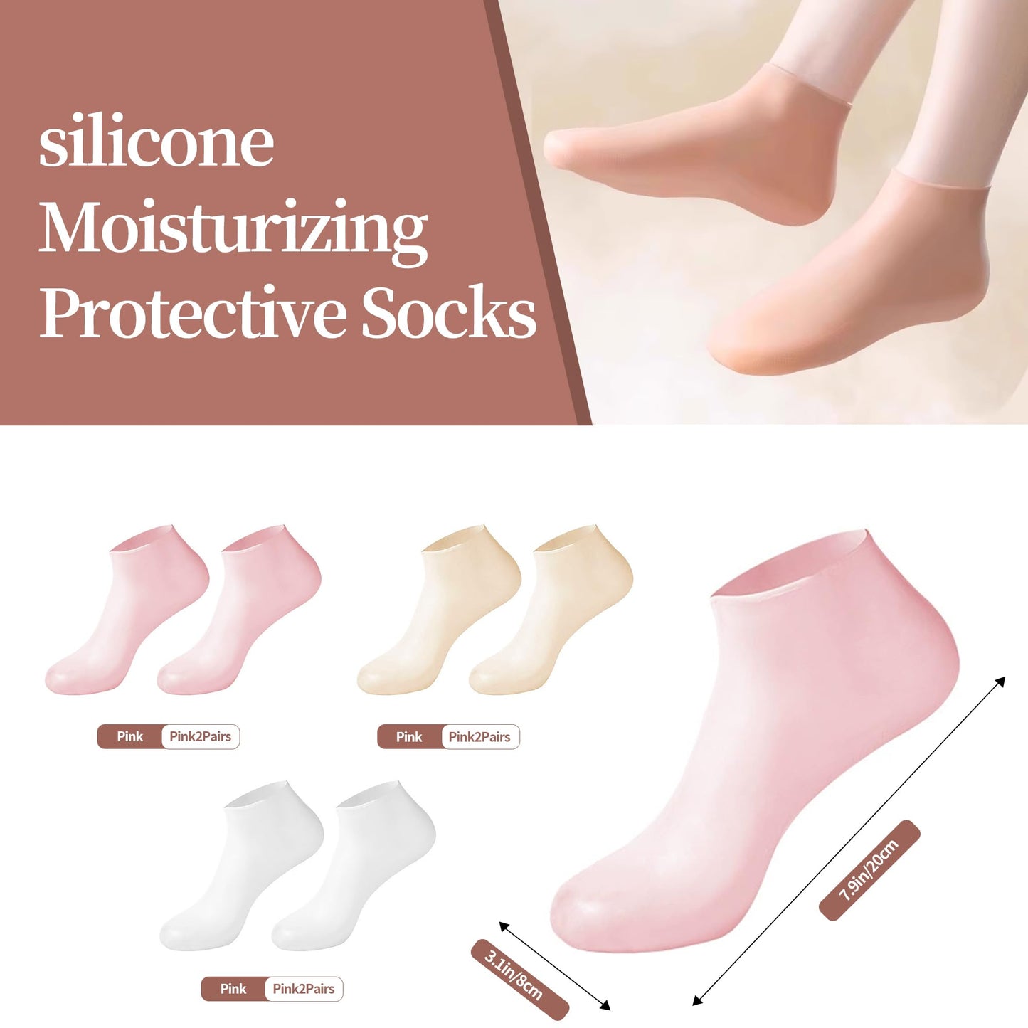 Aloe Vera Silicone Socks for Women - 6 Pairs, Moisturizing Spa Pedicure Socks for Repairing Dry Feet, Cracked Heels & Softening Rough Skin - Pink, White & Beige