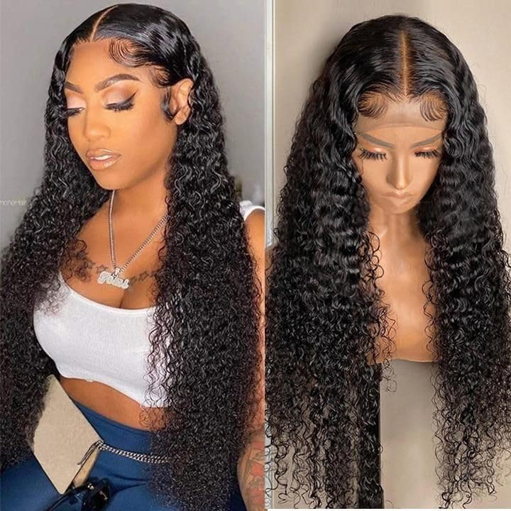 Anderah Deep Wave Lace Front Wig Human Hair 13x4 Curly Lace Frontal Wigs Human Hair for Black Women Pre Plucked with Baby Hair 180% Density Glueless Human Hair Wigs Natural Black (24 Inch)