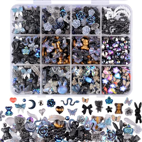 Kikonoke 1400 Pieces 3D Butterfly Rose Flower Bow Rabbit Bear Nail Charms Kit with Nail Art Rhinestones Pearls Crystal Gems Nail Slices for Manicure DIY Crafts Jewelry Accessories (Pink Blue)