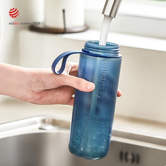 PHILIPS Water GoZero Active BPA-Free Water Bottle with Adventure River/Lake/Spring Water Filter for Hiking, Camping & Fitness Tap Water Filter for Gym, Sport Squeeze Bottle, Lightweight, Blue, 20 oz
