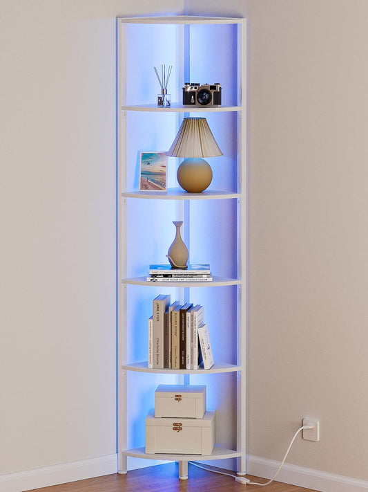 Furnulem 6 Tier Corner Shelf with LED Light, 67.5โ Tall Standing Shelf Organizer, White Narrow Bookshelf with Storage Rack for Wall Corner, Living Room, Bedroom, Metal Frame, Wood Display Shelf