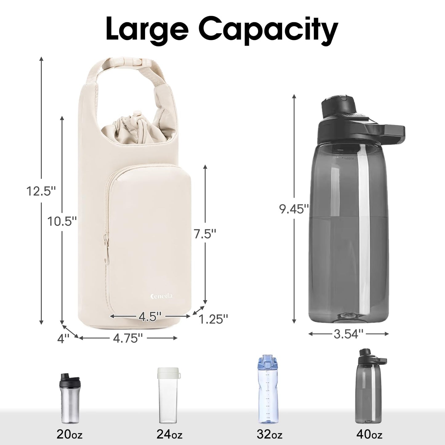 Ceneda Water Bottle Carrier Bag with Phone Pocket 32oz 40oz Tumbler Insulated Water Bottle Holder with Adjustable Shoulder Strap Carrier Sling Bag (Beige)