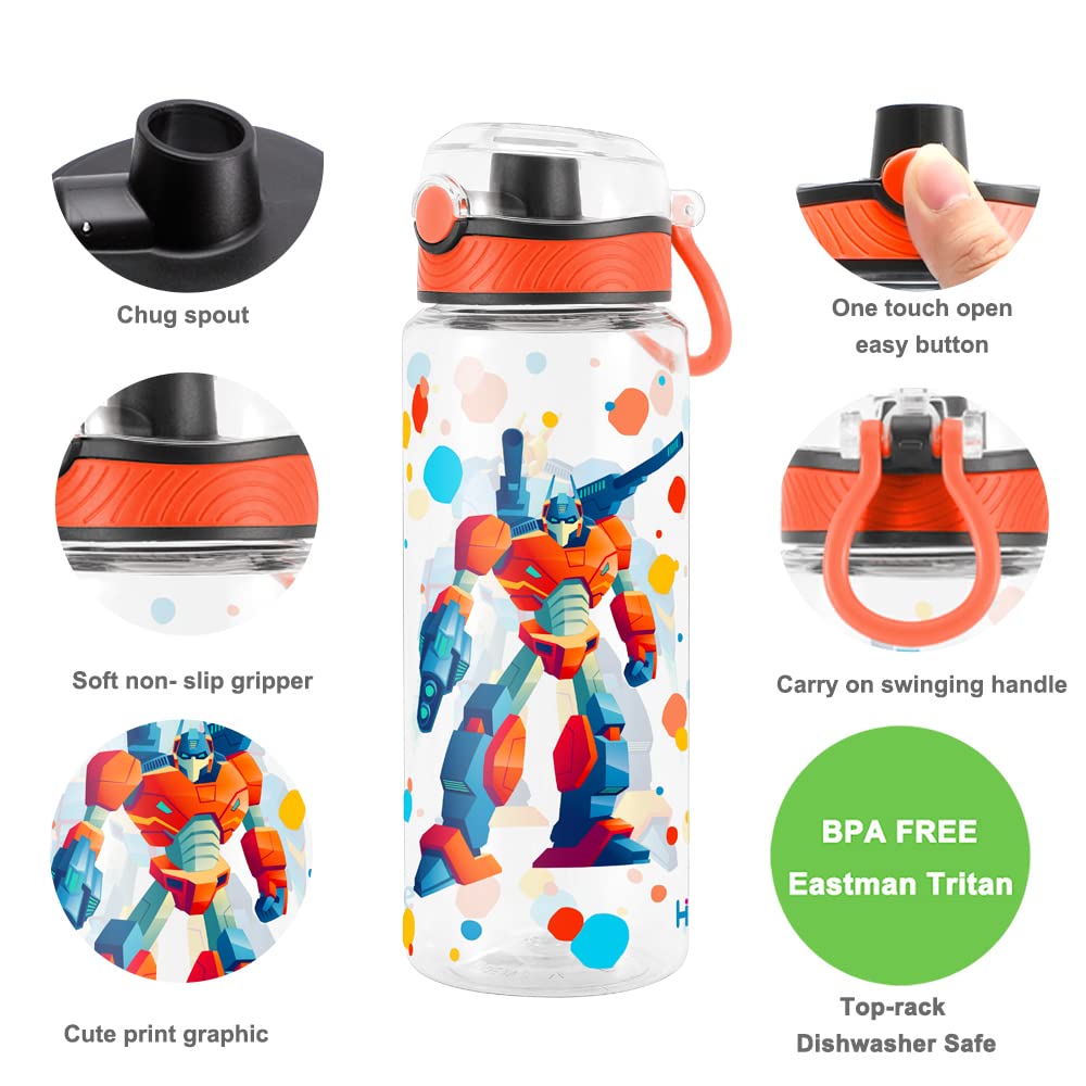 Cute Water Bottle for School Kids Girls, BPA FREE Tritan & Leak Proof & Easy Clean & Carry Handle, 23oz/ 680ml (Robot)