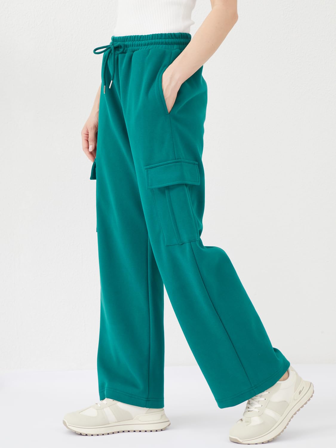 EYZH Womens Cargo Sweatpants High Waist Wide Leg Pants Drawstring Pockets Women Lounge Workout Long Pants Fall Winter Clothes Dark Green